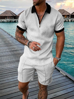 Imagem do Camisa polo com zíper masculina, shorts de manga curta, conjunto estampado casu