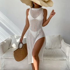 Sexy Beach Cover Up para senhoras, Crochet vestido branco Swimwear, Fato de banh na internet