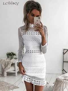 Sexy laço branco vestido costura oco para fora mulher elegantes curto mini ver?