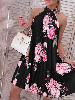 Imagem do Floral Print Halter Casual Vestido Plissado Mulheres Sem Mangas Mini Vestido De