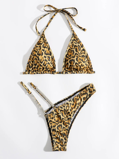 Leopardo halter tanga biquinis 2023 mulheres sexy triângulo maiô diamante banh - comprar online