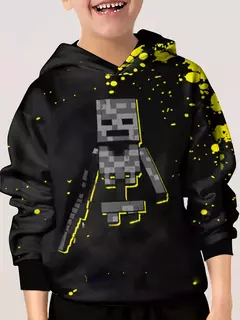 Moletom com capuz infantil Pixel, pulôver unissex, top casual com capuz, manga