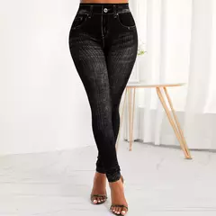 Calça feminina faux denim jeans de cintura alta, calça skinny elástica, roupa - loja online