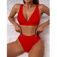 Biquíni feminino sexy com nervuras, roupa de banho de cintura alta, maiô, moda na internet