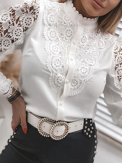 camisa femenina elegantes de escritório branca collared laço retalhos oco para na internet