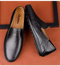 CLOHOO-Sapatos masculinos de couro genuíno, deslizamento casual no mocassim, co