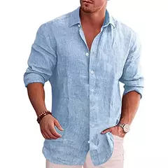 Camisa de linho de algodão manga longa masculina, plus size, monocromática, es - comprar online