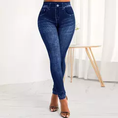 Calça feminina faux denim jeans de cintura alta, calça skinny elástica, roupa - comprar online