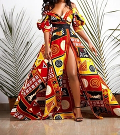 Vestido maxi estampado africano dashiki para mulheres, sexy decote em v, sem cos - Show Drop