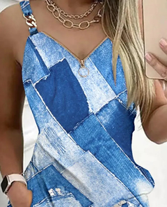 Vestido casual sexy com alça feminina, estampa jeans, decoração de corrente, - loja online