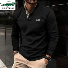 Camisa polo de manga longa masculina, camiseta esportiva casual com gola redonda - Show Drop