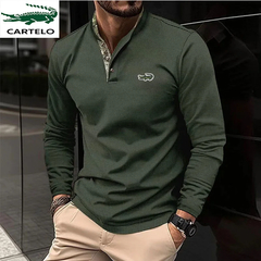 Camisa polo de manga longa masculina, camiseta esportiva casual com gola redonda - loja online