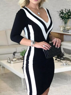 Vestido V-Neck Bodycon feminino, fita listrada, manga longa, cor de contraste, s - comprar online