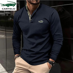 Camisa polo de manga longa masculina, camiseta esportiva casual com gola redonda - loja online