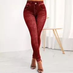 Calça feminina faux denim jeans de cintura alta, calça skinny elástica, roupa na internet