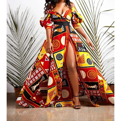 Vestido maxi estampado africano dashiki para mulheres, sexy decote em v, sem cos - Show Drop