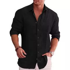 Camisa de linho de algodão manga longa masculina, plus size, monocromática, es