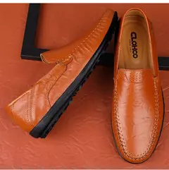 CLOHOO-Sapatos masculinos de couro genuíno, deslizamento casual no mocassim, co - Show Drop