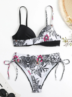 Imagem do Biquíni estampado tropical feminino, roupa de banho com cordão, maiô feminino