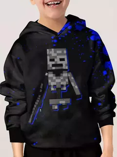 Moletom com capuz infantil Pixel, pulôver unissex, top casual com capuz, manga