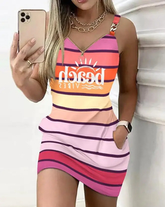 Vestido casual sexy com alça feminina, estampa jeans, decoração de corrente,