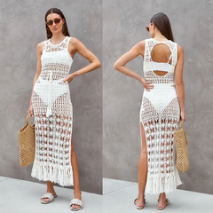 Sexy Beach Cover Up para senhoras, Crochet vestido branco Swimwear, Fato de banh