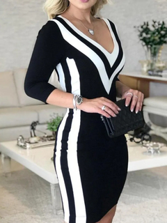 Vestido V-Neck Bodycon feminino, fita listrada, manga longa, cor de contraste, s - comprar online