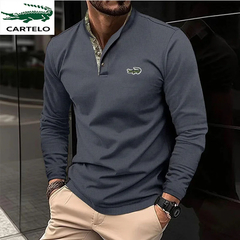 Camisa polo de manga longa masculina, camiseta esportiva casual com gola redonda - Show Drop