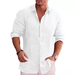 Camisa de linho de algodão manga longa masculina, plus size, monocromática, es