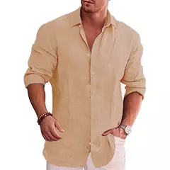 Camisa de linho de algodão manga longa masculina, plus size, monocromática, es - loja online