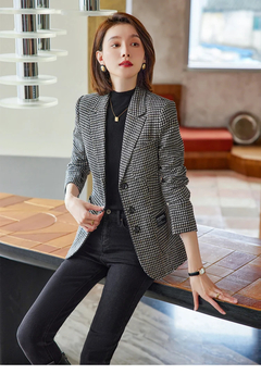 Casaco de lã Houndstooth Houndstooth para senhoras, blazer xadrez feminino, top