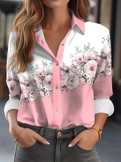 Blusa de manga comprida floral estampada para mulheres, rosa, verde claro, camis - loja online