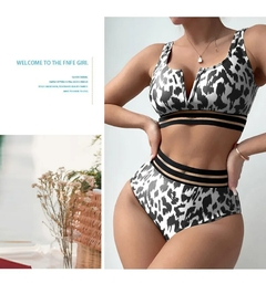 Leopardo feminino maiô estampado de cintura alta, biquínis com fita de malha, na internet