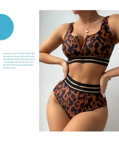 Leopardo feminino maiô estampado de cintura alta, biquínis com fita de malha, - comprar online