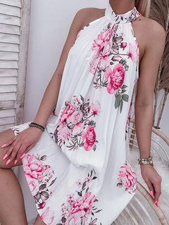 Floral Print Halter Casual Vestido Plissado Mulheres Sem Mangas Mini Vestido De - Show Drop