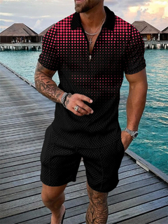 Camisa polo com zíper masculina, shorts de manga curta, conjunto estampado casu na internet