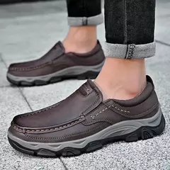 Mocassins casuais de couro genuíno para homens, tênis antiderrapante para cami na internet