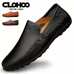 CLOHOO-Sapatos masculinos de couro genuíno, deslizamento casual no mocassim, co