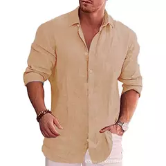 Camisa de linho de algodão manga longa masculina, plus size, monocromática, es - Show Drop