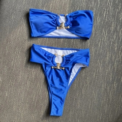 Luxo Designer De Metal Biquínis Cintura Alta Set Mulheres Sólidos Branco Azul