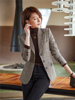 Casaco de lã Houndstooth Houndstooth para senhoras, blazer xadrez feminino, top