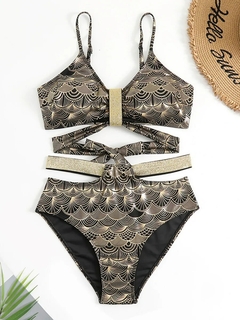 Biquíni feminino ponto metálico push-up, maiô sexy, moda praia de cintura alt