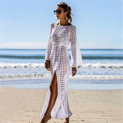 Sexy Beach Cover Up para senhoras, Crochet vestido branco Swimwear, Fato de banh