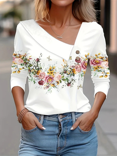 Blusa estampa floral de manga comprida feminina, blusa branca, camisas da moda, na internet