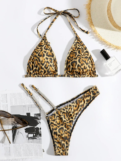 Leopardo halter tanga biquinis 2023 mulheres sexy triângulo maiô diamante banh - loja online