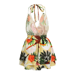 Mini vestido de cinta sexy estampado feminino, Sem costas, Com renda, Cintura el - loja online