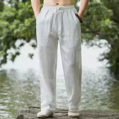 Calça respirável de linho de algodão masculina leve fitness suéter casual de