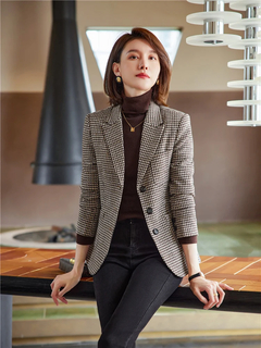 Casaco de lã Houndstooth Houndstooth para senhoras, blazer xadrez feminino, top - Show Drop