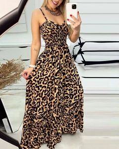 Wepbel-Vestido feminino sem mangas com estampa leopardo, vestido maxi de cintura