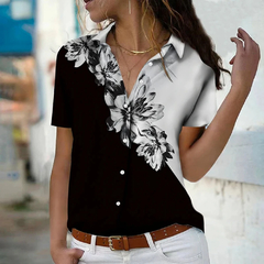 Blusa floral feminina de manga curta, streetwear Y2K, tops elegantes de botões, - comprar online